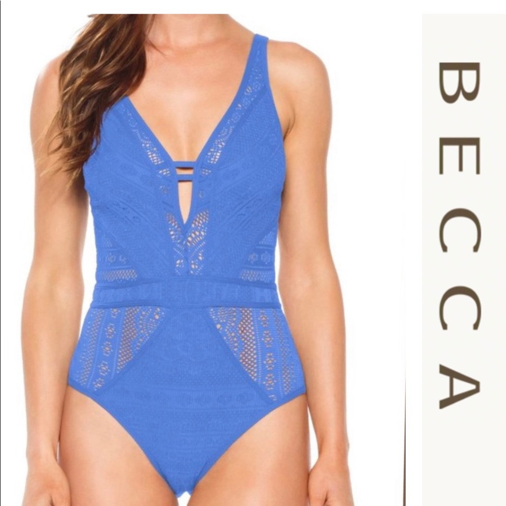 Becca blue color play crochet plunging one piece